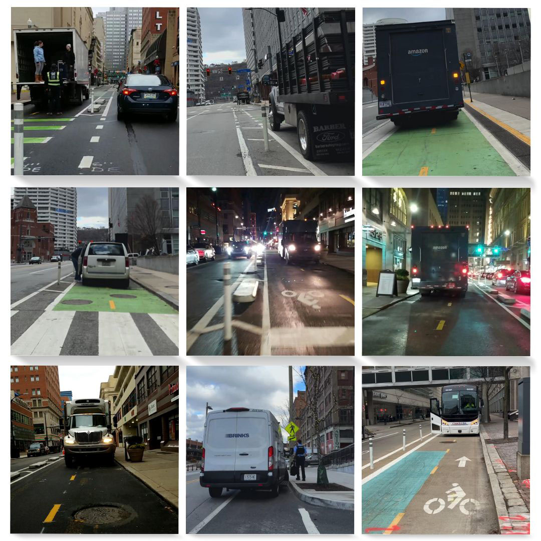 A collage of nine cars parked in bike lanes